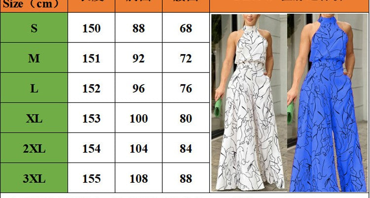 Sleeveless Hanging Neck Pants Print Jumpsuits - JELESACK