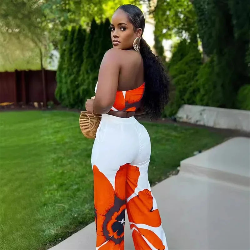 Two piece Set shoulder crop top and trousers