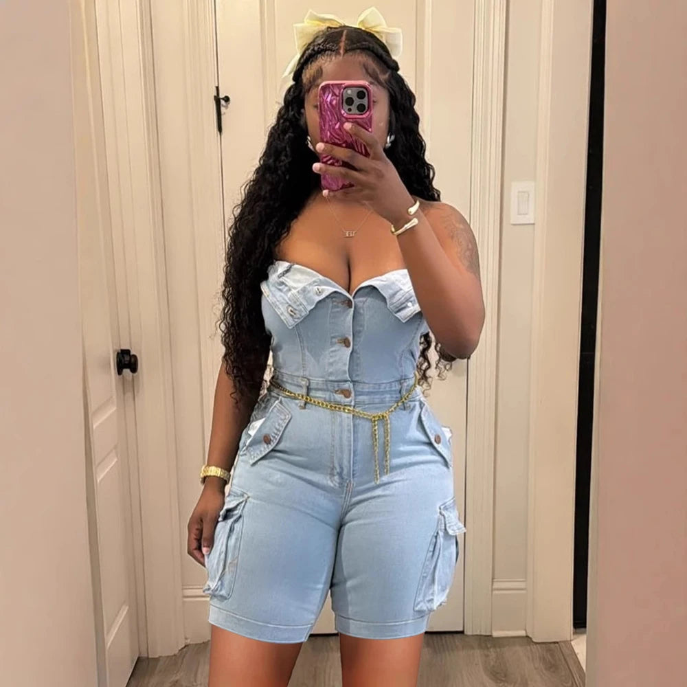 Strapless Button up Denim Romper