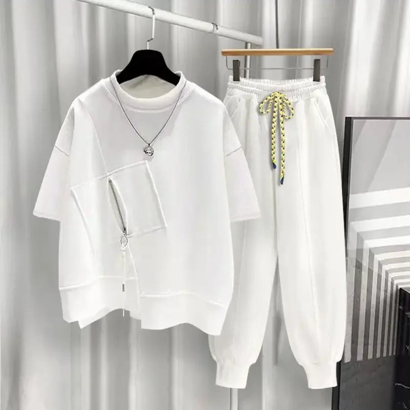 Versatile Zipper Preppy Loose T-shirt & Sweat pants