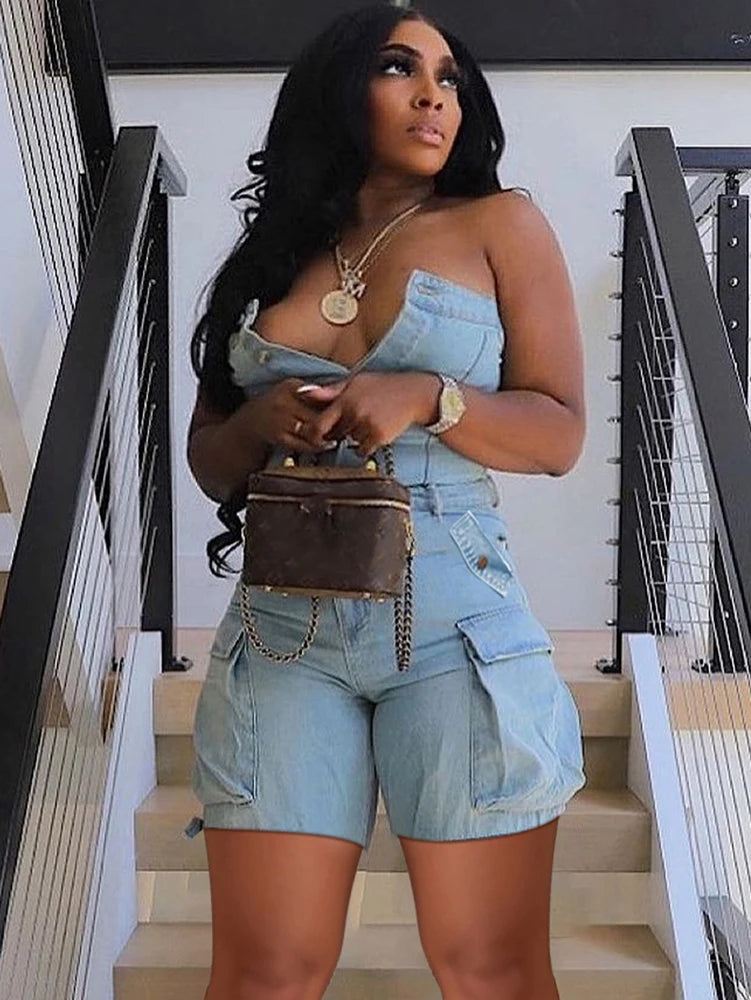 Strapless Button up Denim Romper