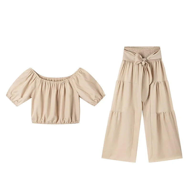 Wide Leg High waist Pants with Solid Micro Flare