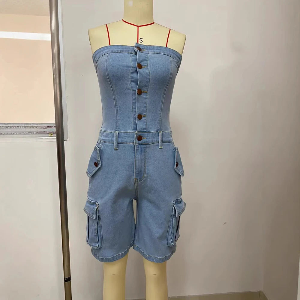 Strapless Button up Denim Romper