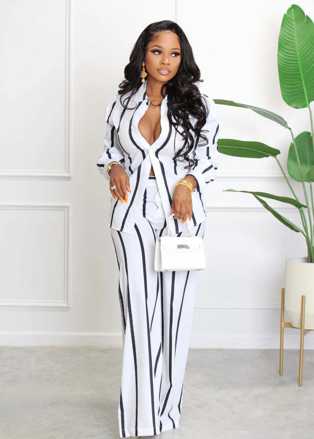 Printed Striped Shirt & Loose Straight Trousers