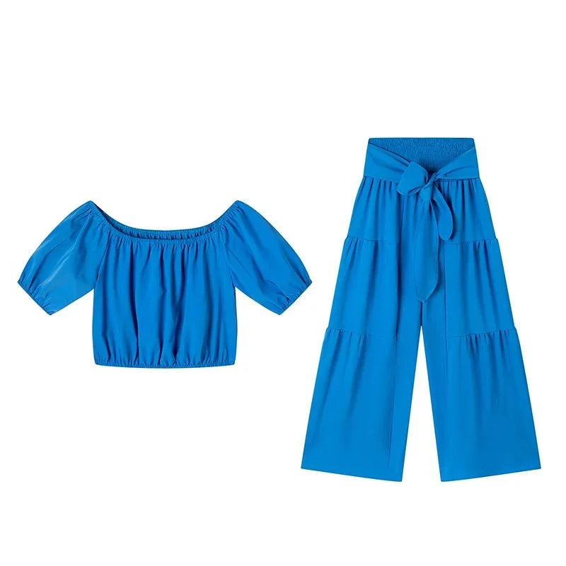 Wide Leg High waist Pants with Solid Micro Flare