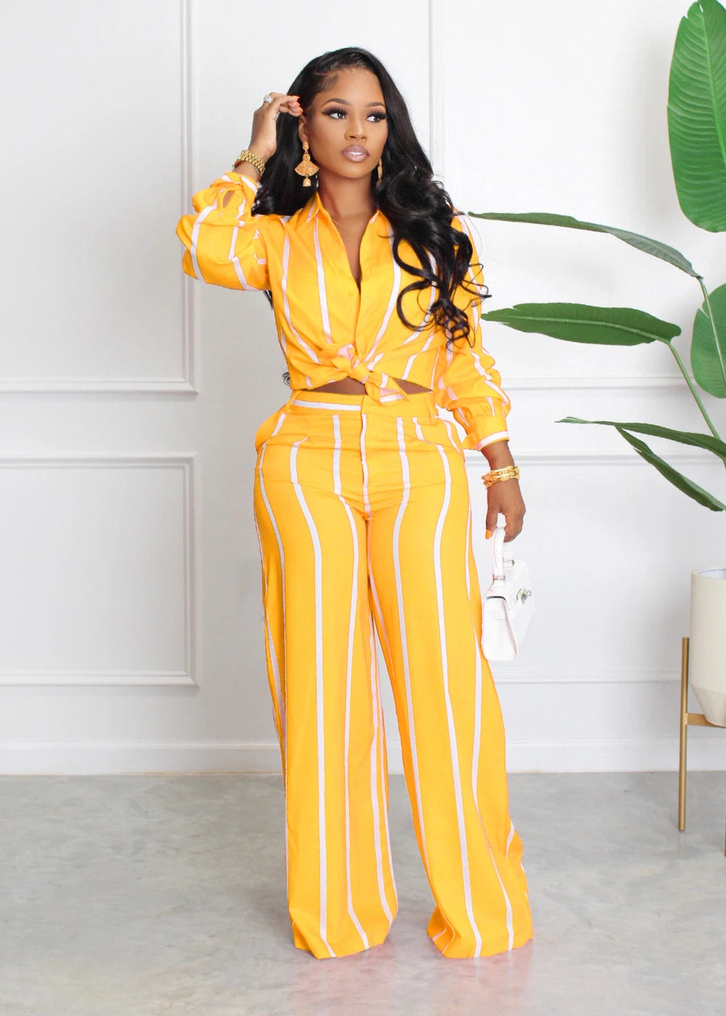 Printed Striped Shirt & Loose Straight Trousers