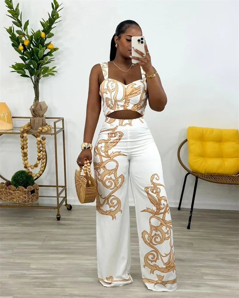 Two Piece Set Print Crop Top and Wide Leg Pants