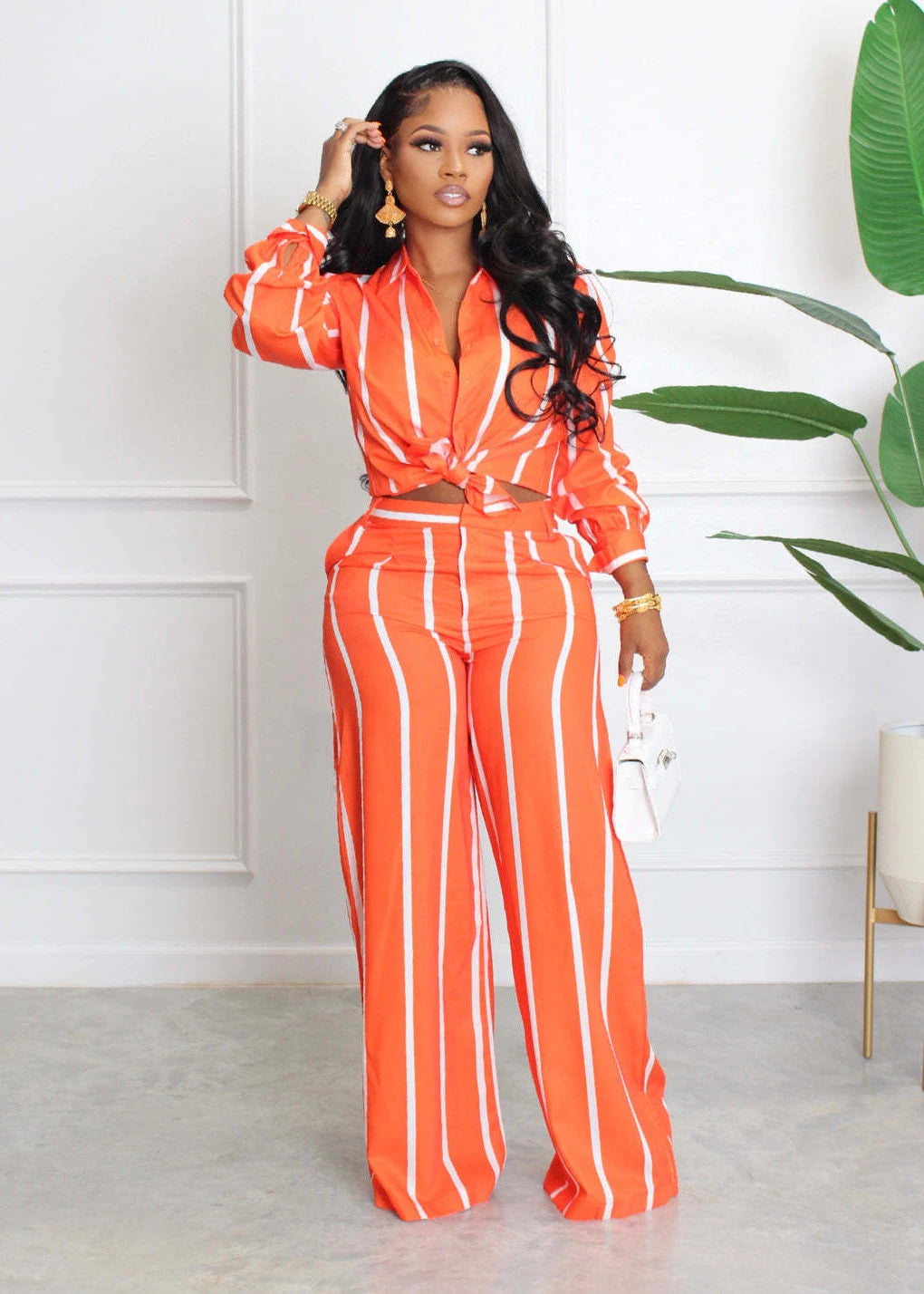 Printed Striped Shirt & Loose Straight Trousers
