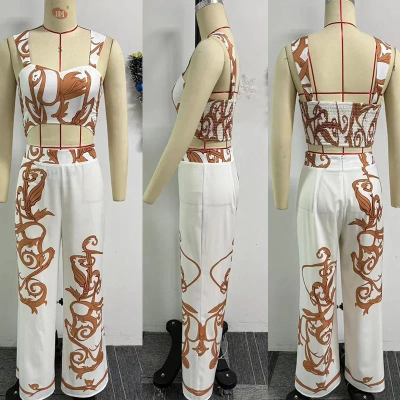 Two Piece Set Print Crop Top and Wide Leg Pants