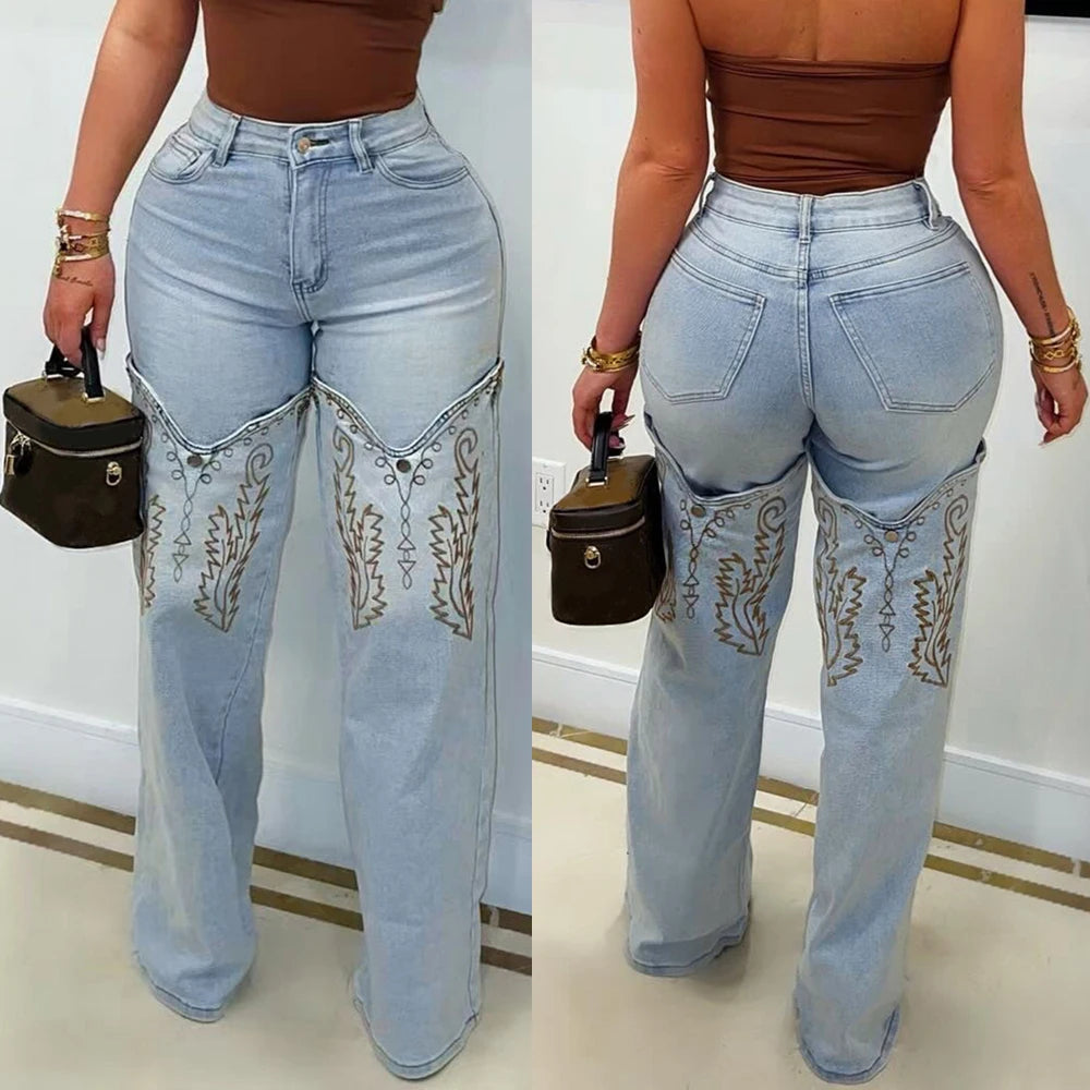 Embroidery Denim High Waist Straight Leg Jeans