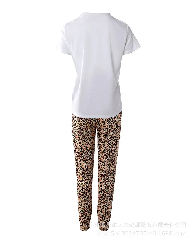 Leopard Print Short Sleeve Letter T shirt & Casual Pants.