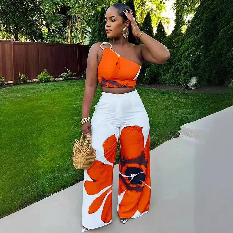 Two piece Set shoulder crop top and trousers