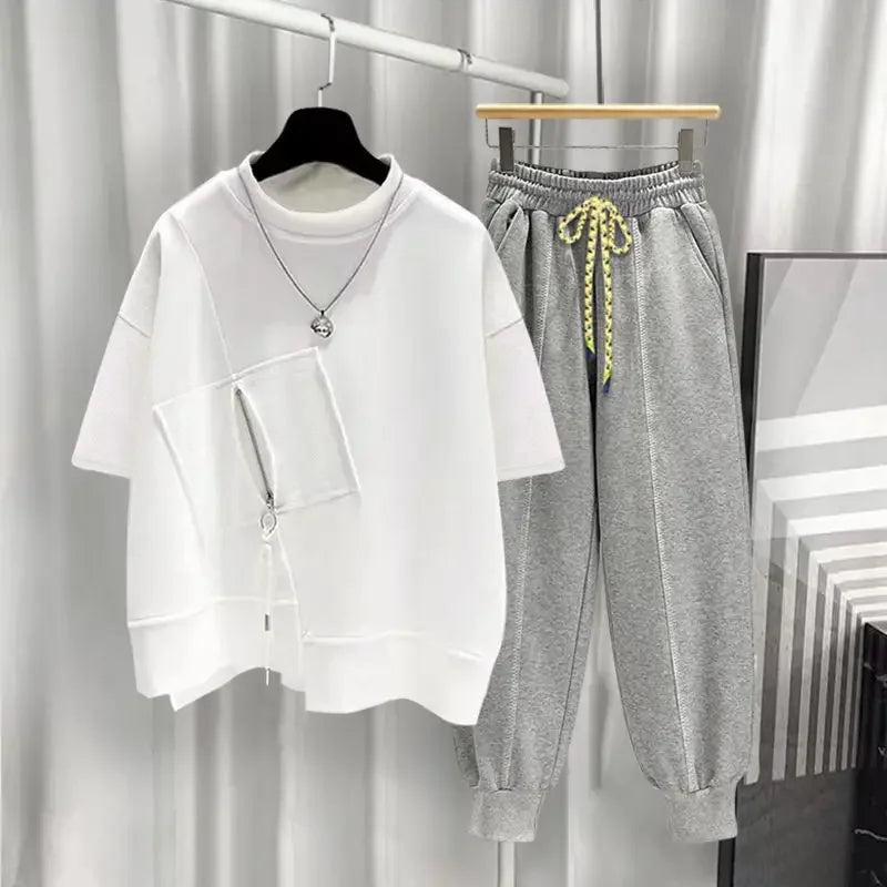 Versatile Zipper Preppy Loose T-shirt & Sweat pants