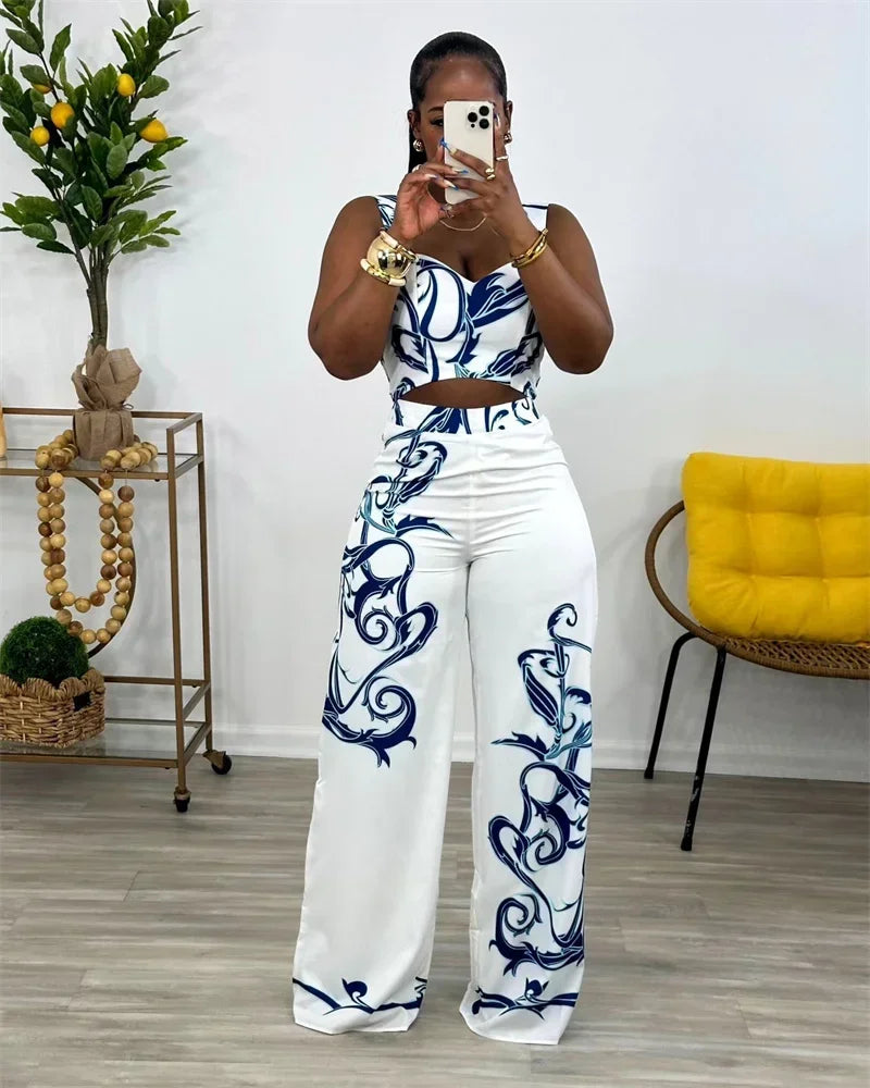 Two Piece Set Print Crop Top and Wide Leg Pants