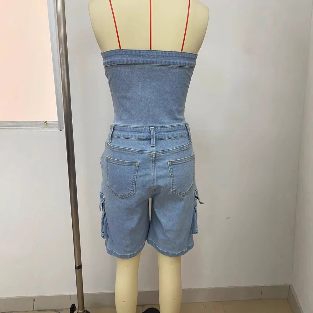Strapless Button up Denim Romper