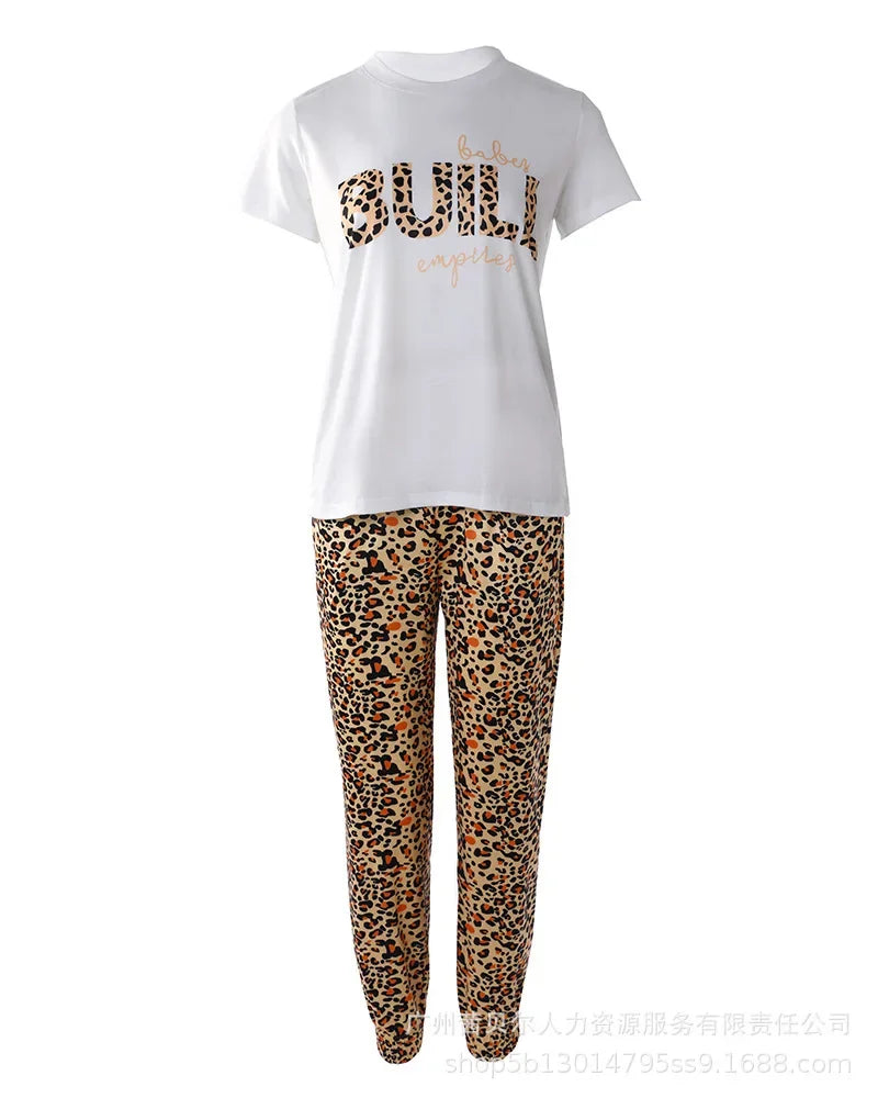 Leopard Print Short Sleeve Letter T shirt & Casual Pants.