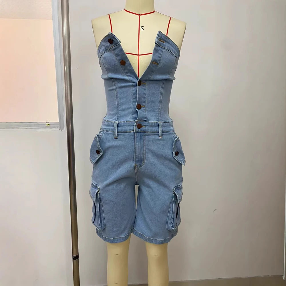 Strapless Button up Denim Romper