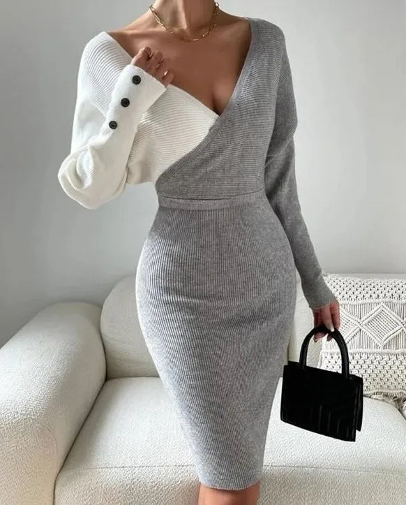 V-neck Splice Slim Fit Wrapped Hip Knit Dress