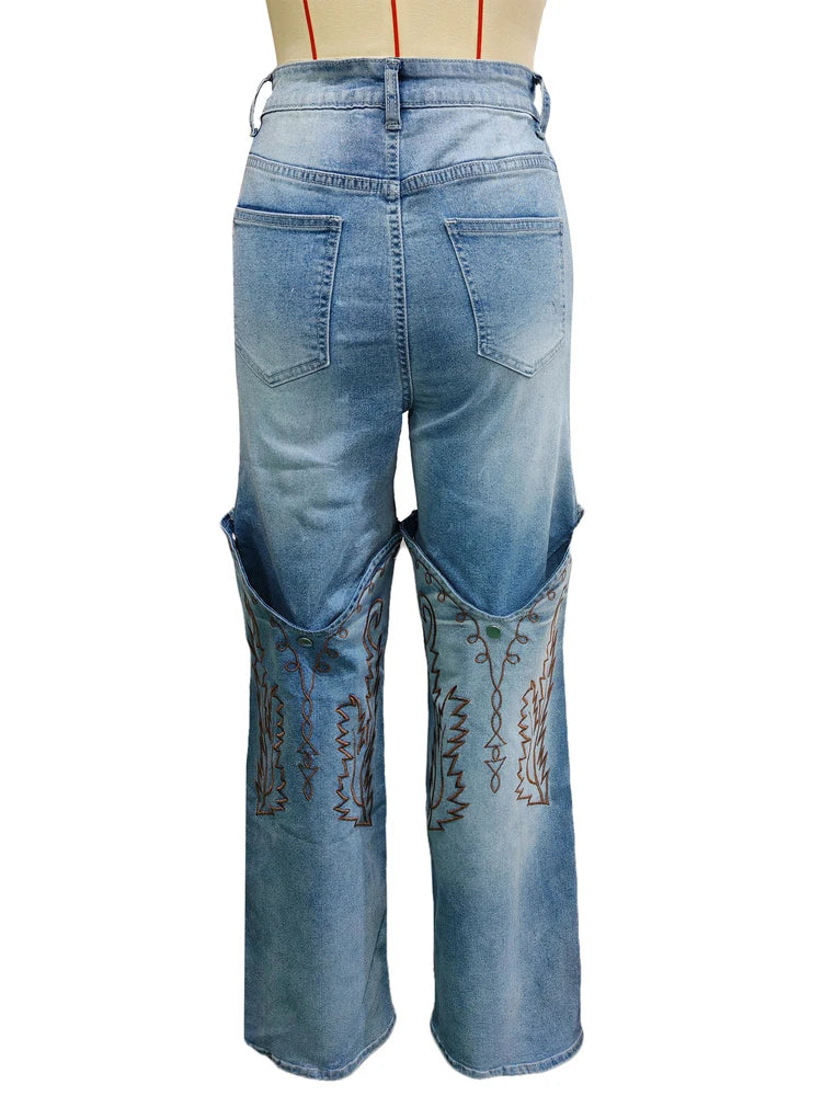 Embroidery Denim High Waist Straight Leg Jeans