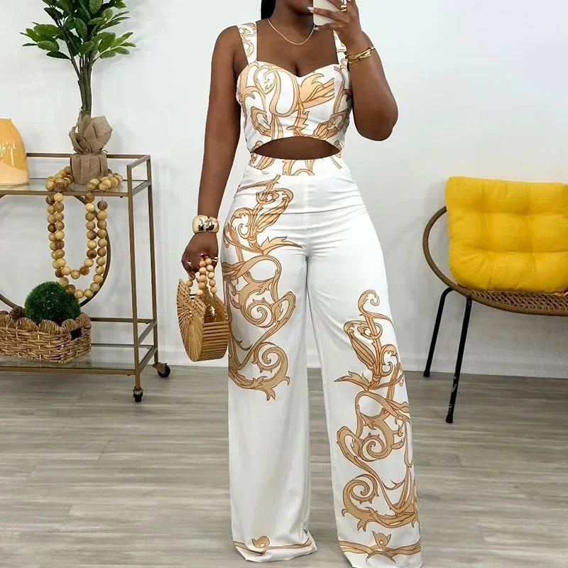 Two Piece Set Print Crop Top and Wide Leg Pants