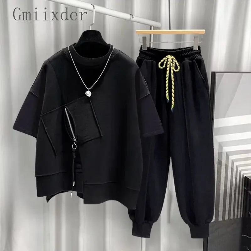 Versatile Zipper Preppy Loose T-shirt & Sweat pants