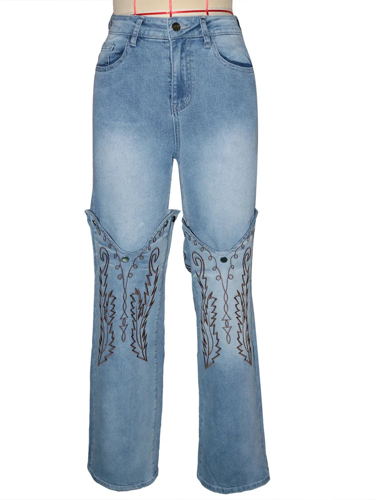 Embroidery Denim High Waist Straight Leg Jeans