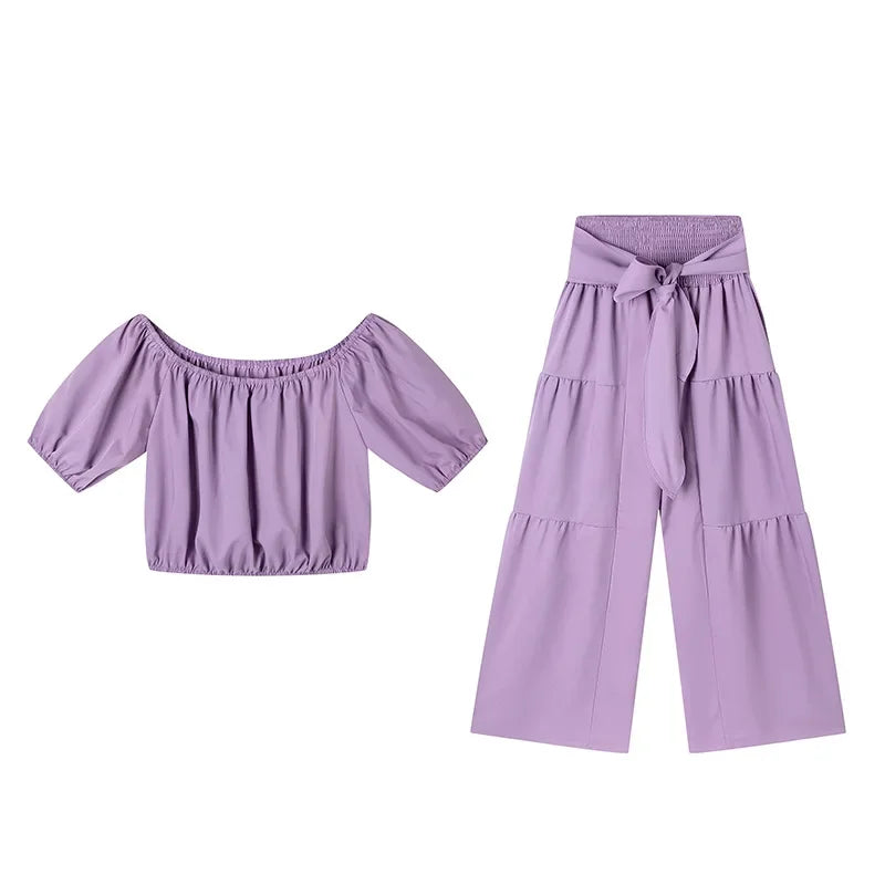 Wide Leg High waist Pants with Solid Micro Flare