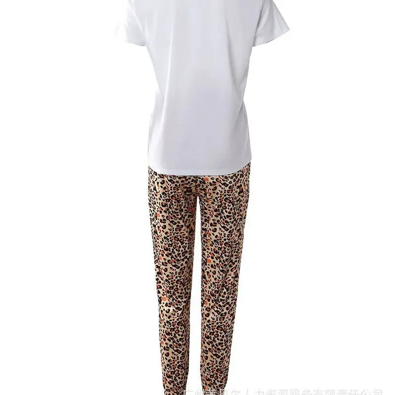 Leopard Print Short Sleeve Letter T shirt & Casual Pants.