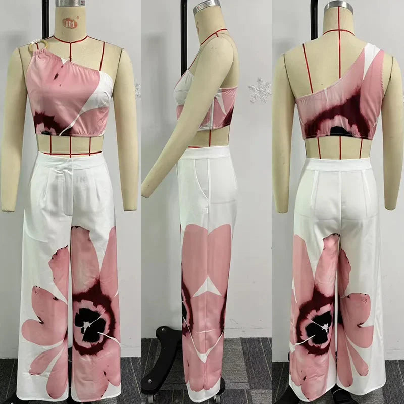 Two piece Set shoulder crop top and trousers