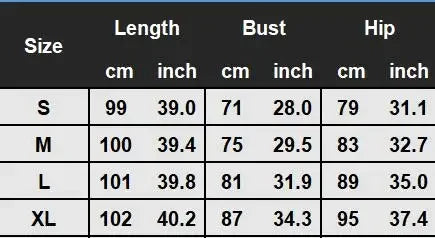 Table displaying measurements for different sizes of clothing in centimeters and inches.