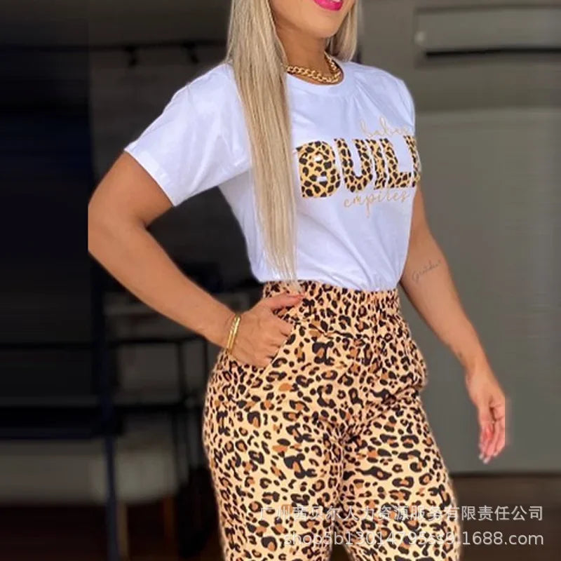 Leopard Print Short Sleeve Letter T shirt & Casual Pants.