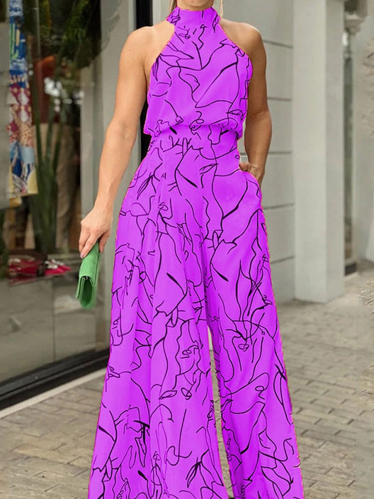 Sleeveless Hanging Neck Pants Print Jumpsuits - JELESACK