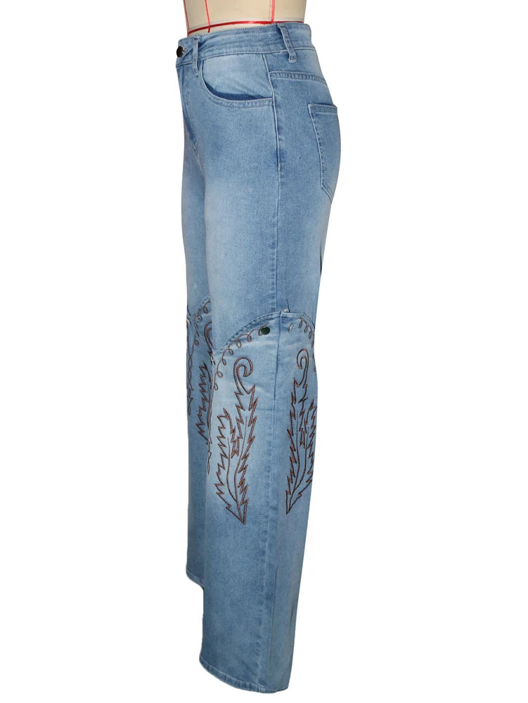 Embroidery Denim High Waist Straight Leg Jeans