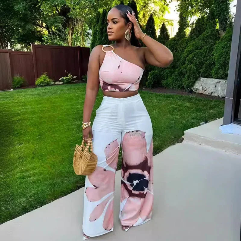 Two piece Set shoulder crop top and trousers