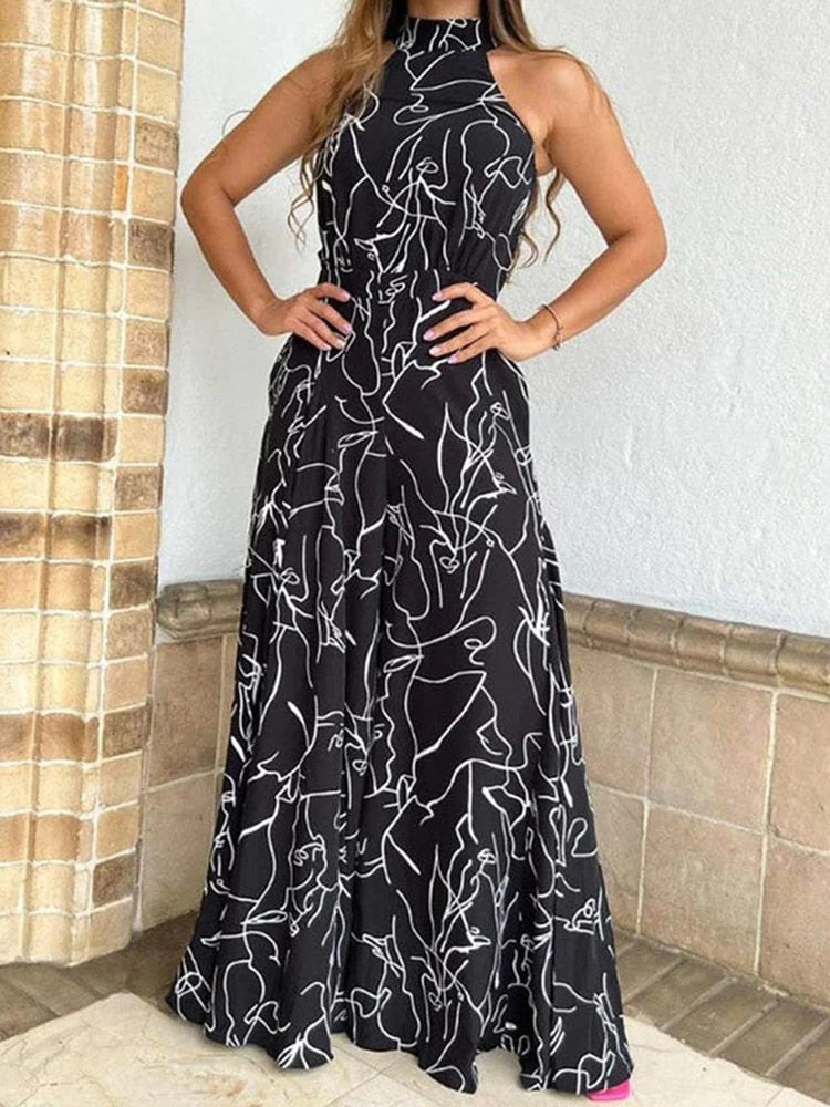 Sleeveless Hanging Neck Pants Print Jumpsuits - JELESACK