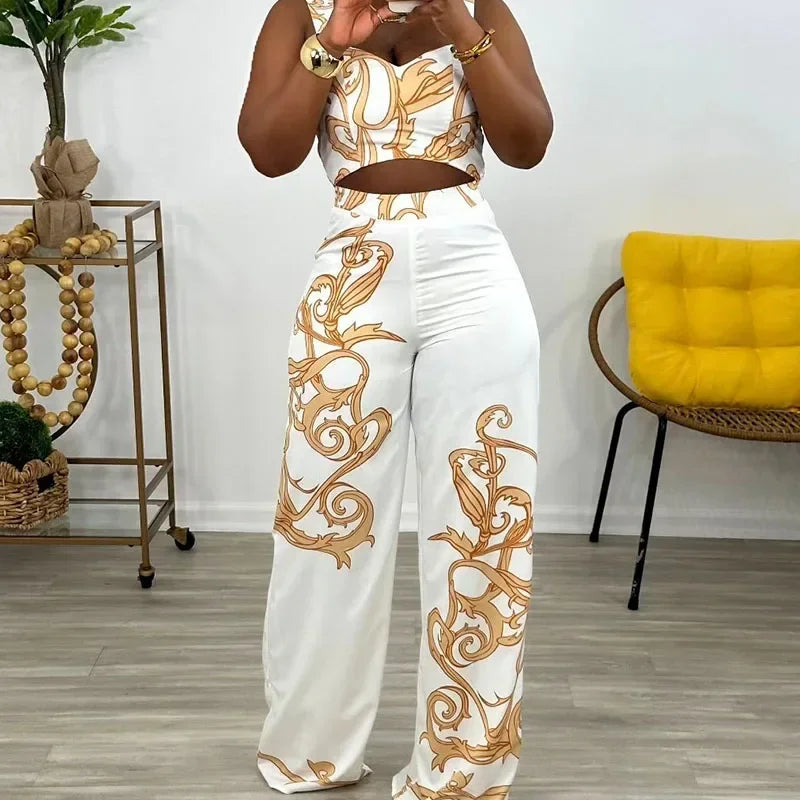 Two Piece Set Print Crop Top and Wide Leg Pants