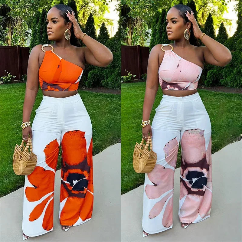Two piece Set shoulder crop top and trousers