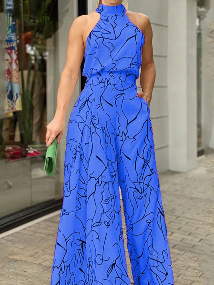 Sleeveless Hanging Neck Pants Print Jumpsuits - JELESACK