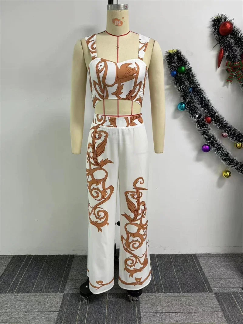 Two Piece Set Print Crop Top and Wide Leg Pants