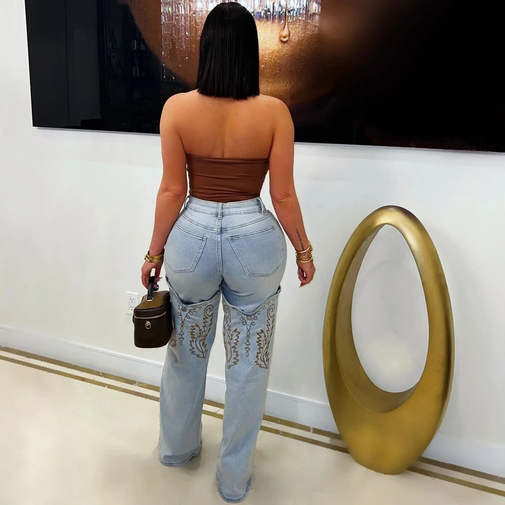 Embroidery Denim High Waist Straight Leg Jeans
