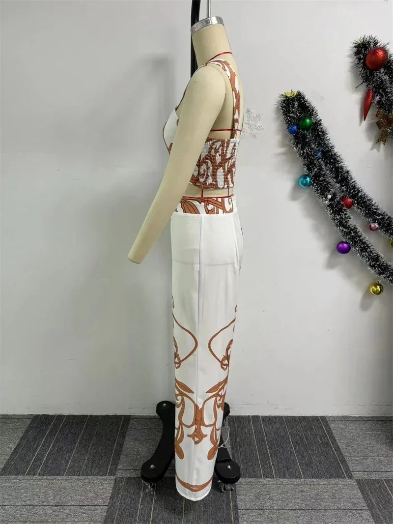 Two Piece Set Print Crop Top and Wide Leg Pants
