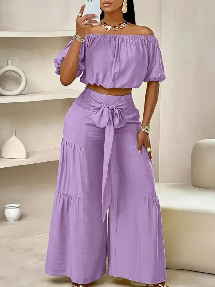 Wide Leg High waist Pants with Solid Micro Flare