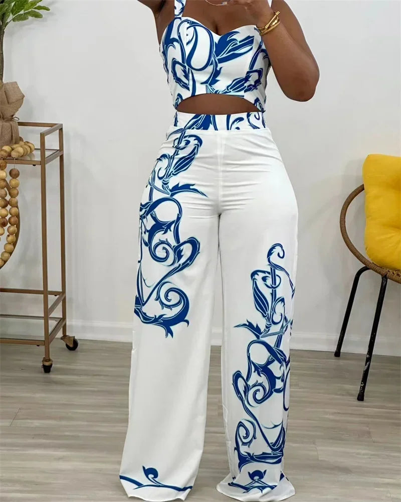 Two Piece Set Print Crop Top and Wide Leg Pants