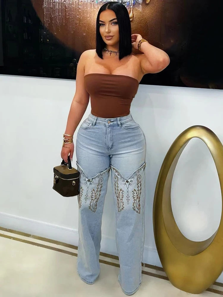Embroidery Denim High Waist Straight Leg Jeans