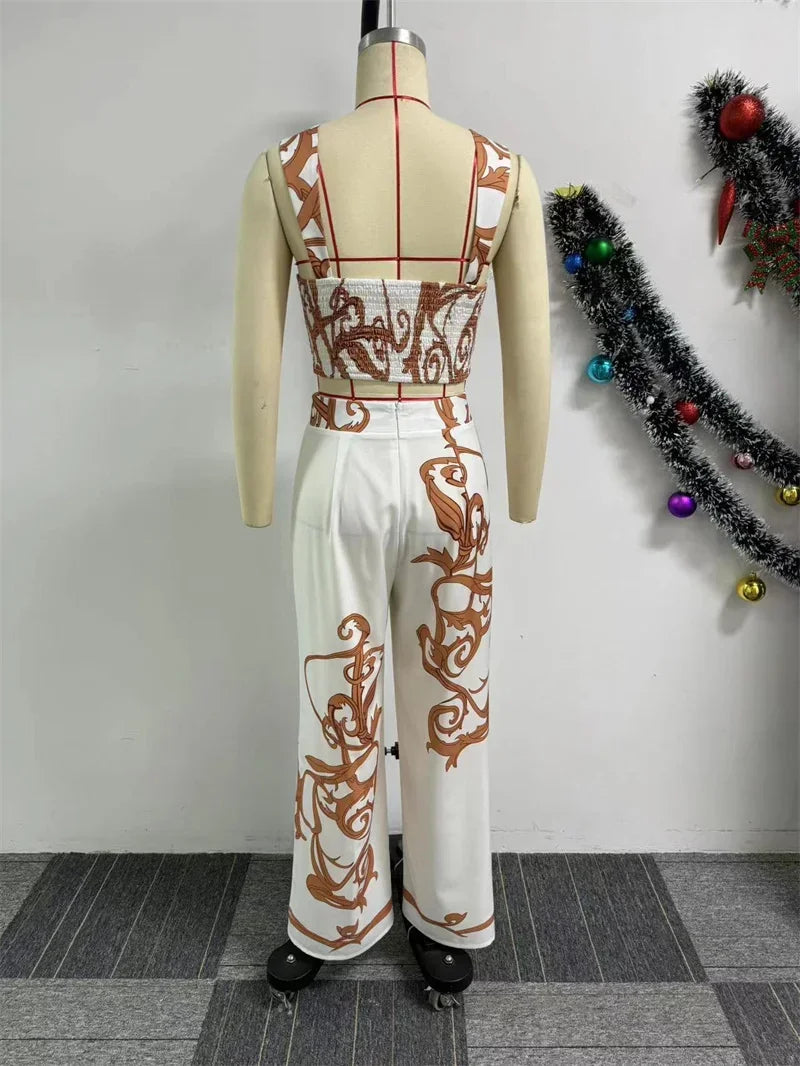 Two Piece Set Print Crop Top and Wide Leg Pants