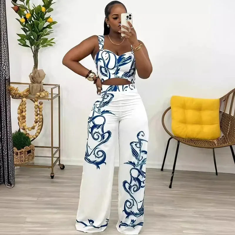 Two Piece Set Print Crop Top and Wide Leg Pants