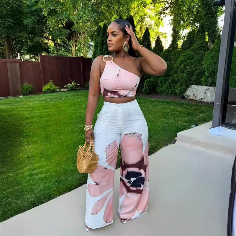 Two piece Set shoulder crop top and trousers