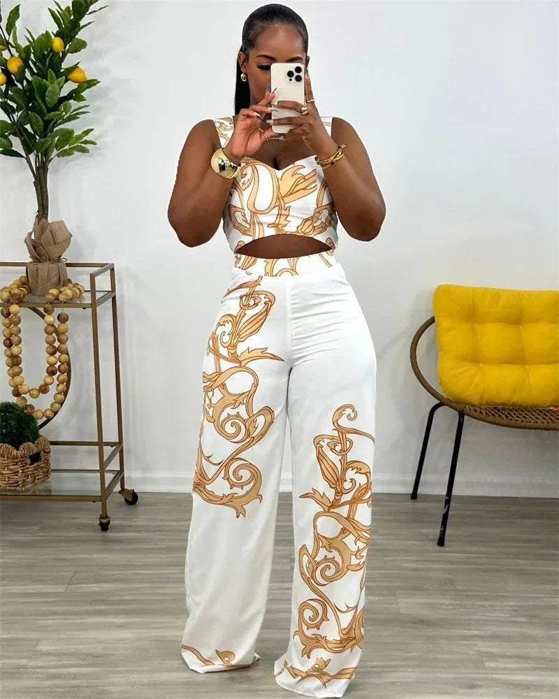 Two Piece Set Print Crop Top and Wide Leg Pants