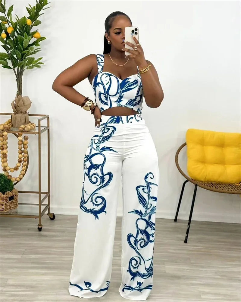 Two Piece Set Print Crop Top and Wide Leg Pants