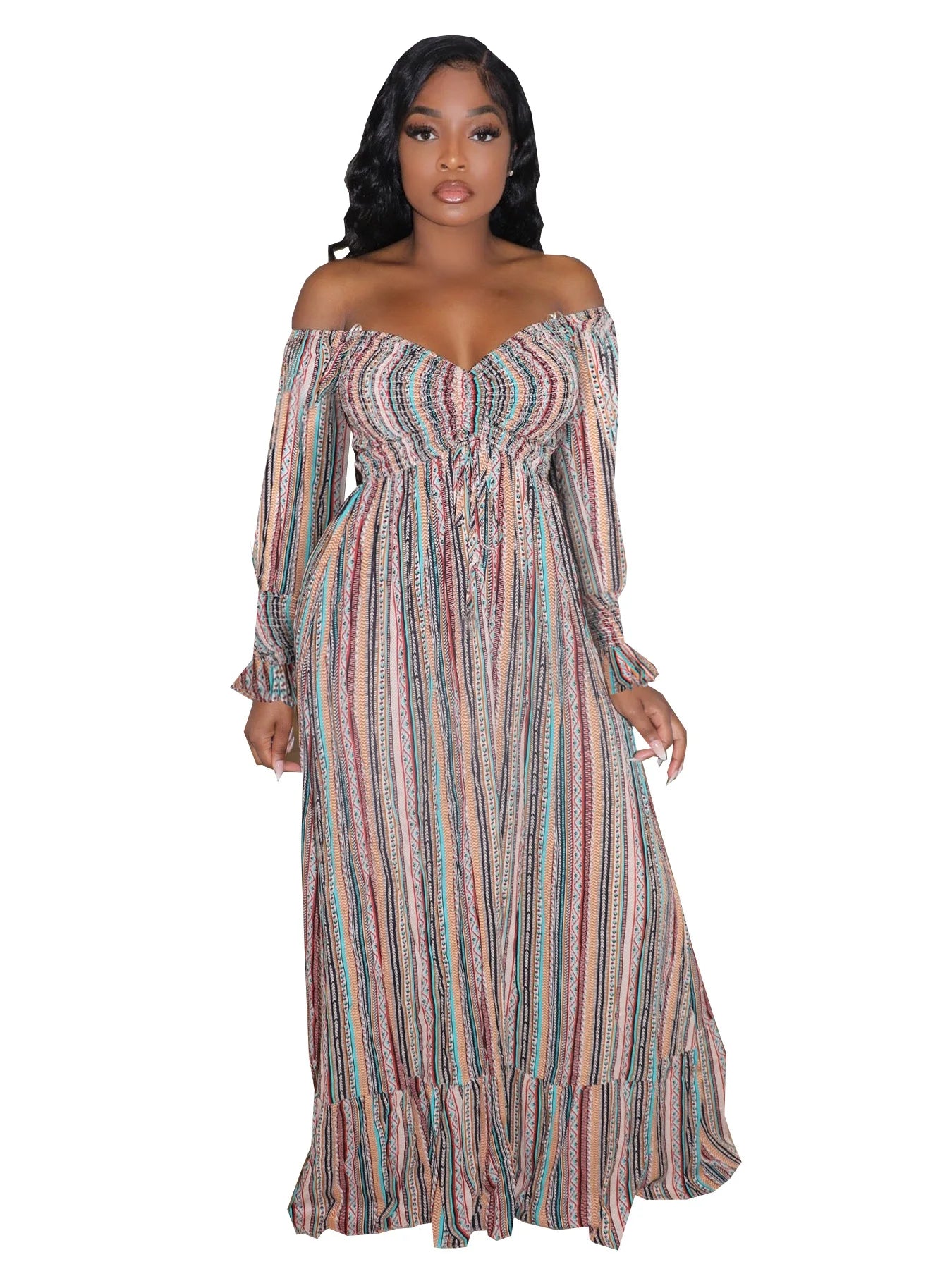 Striped Print Drawstring Full Sleeve Pleated Long Dress
